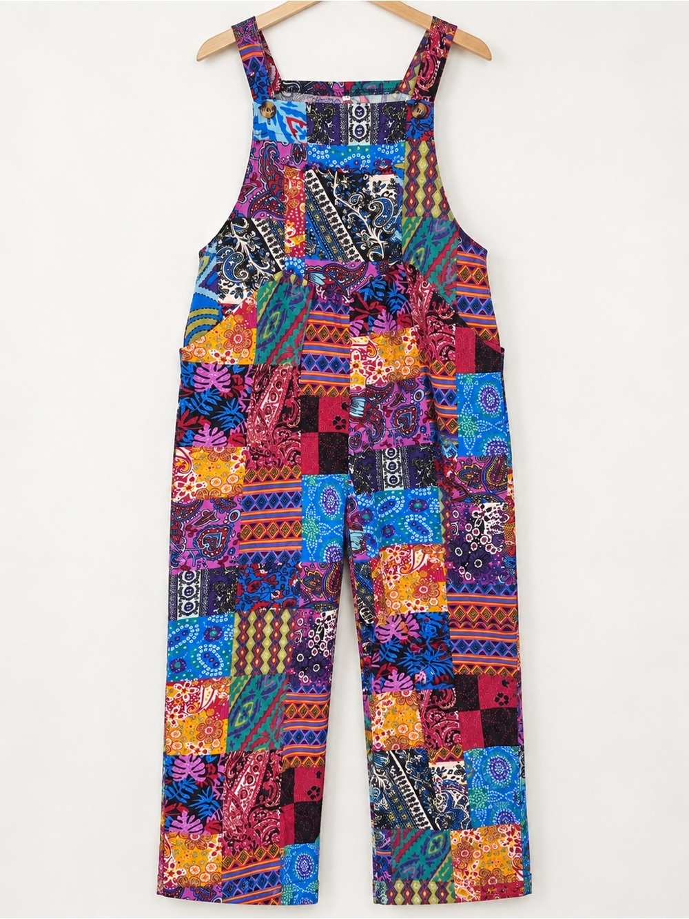Vibrant Patchwork Cotton Overalls Jumpsuit - Multicolor
